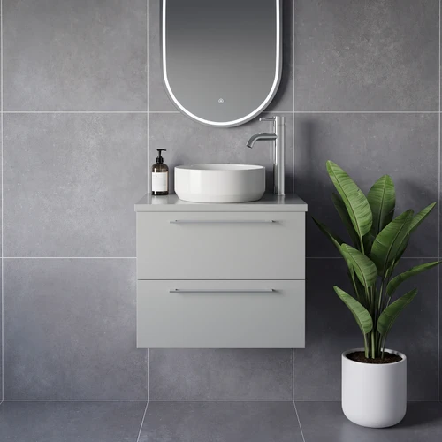 Napoli 390 Gloss Grey Pearl 600mm Wall Mounted 2 Drawer Vanity Unit for Countertop Basins Lifestyle Image