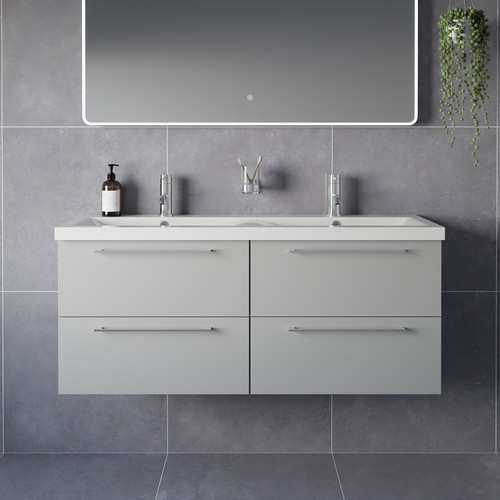 Napoli 390 Gloss Grey Pearl 1200mm Wall Mounted 4 Drawer Vanity Unit with Double Glide Basins Lifestyle Image