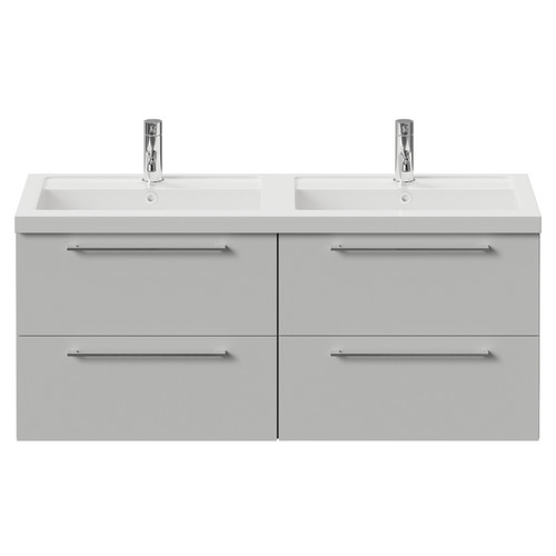 Napoli 390 Gloss Grey Pearl 1200mm Wall Mounted 4 Drawer Vanity Unit with Double Lucia Basins Front View