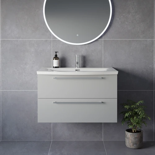 Napoli 390 Gloss Grey Pearl 800mm Wall Mounted 2 Drawer Vanity Unit with Arc Basin Lifestyle Image