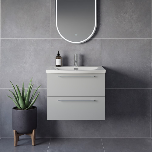 Napoli 390 Gloss Grey Pearl 600mm Wall Mounted 2 Drawer Vanity Unit with Arc Basin Lifestyle Image
