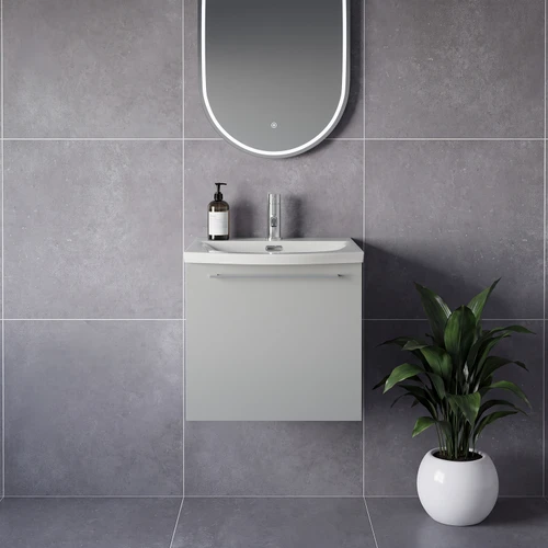 Napoli 390 Gloss Grey Pearl 500mm Wall Mounted Single Drawer Vanity Unit with Arc Basin Lifestyle Image