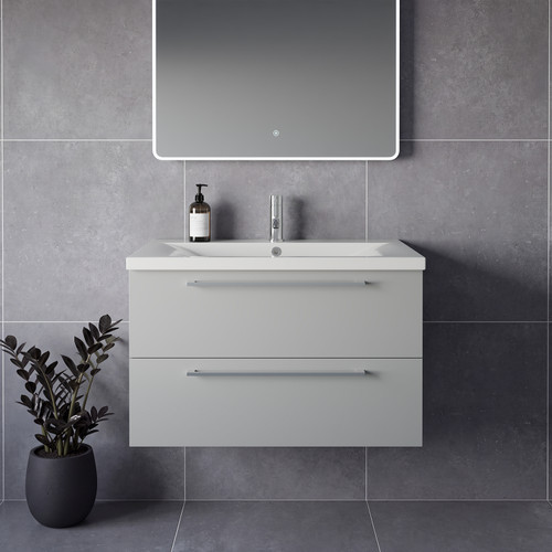 Napoli 460 Gloss Grey Pearl 800mm Wall Mounted 2 Drawer Vanity Unit with Glide Basin Lifestyle Image
