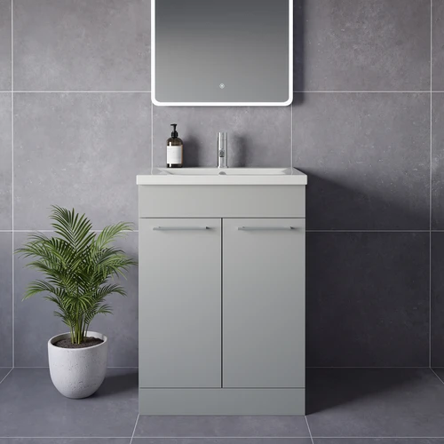 Napoli 460 Gloss Grey Pearl 600mm 2 Door Vanity Unit with Glide Basin Lifestyle Image