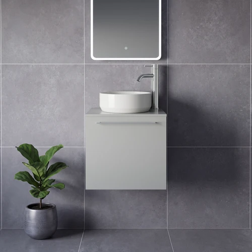 Napoli 390 Gloss Grey Pearl 500mm Wall Mounted Single Drawer Vanity Unit for Countertop Basins Lifestyle Image