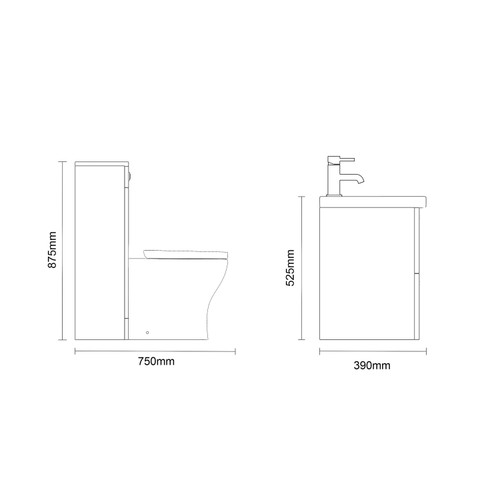 Napoli 390 Gloss Grey Pearl 1300mm Wall Mounted 2 Drawer Vanity Unit and Toilet Suite with Glide Basin Side on Dimensions