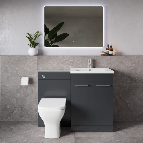 Napoli 460 Gloss Grey Pearl 1100mm 2 Door Vanity Unit Toilet Suite with Glide Basin Lifestyle Image