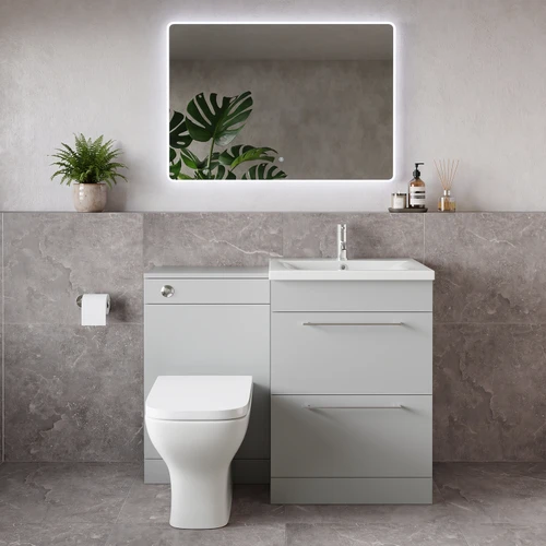 Napoli 460 Gloss Grey Pearl 1100mm 2 Drawer Vanity Unit Toilet Suite with Glide Basin Lifestyle Image