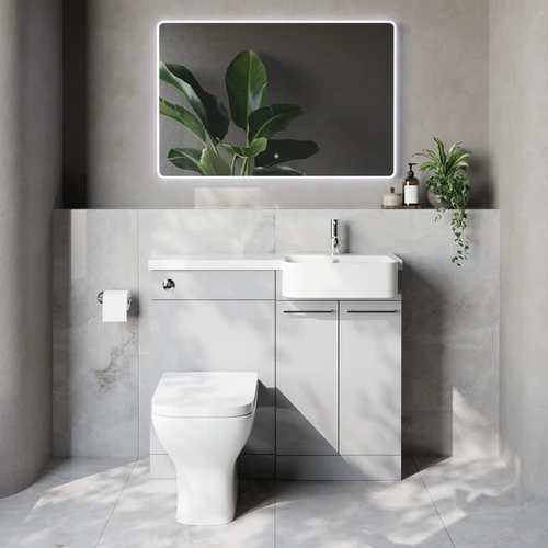 Napoli 250 Gloss Grey Pearl 1000mm 2 Door Vanity Unit Toilet Suite with Right Hand Round Rico Semi Recessed Basin Lifestyle Image