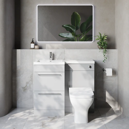 Napoli 390 Gloss Grey Pearl 1000mm 2 Drawer Vanity Unit Toilet Suite with Left Hand Square Lucia Basin Lifestyle Image