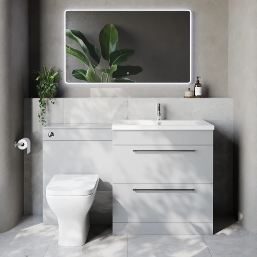 Napoli 460 Cento Gloss Grey Pearl 1400mm 2 Drawer Vanity Unit Toilet Suite with Glide Basin Lifestyle Image