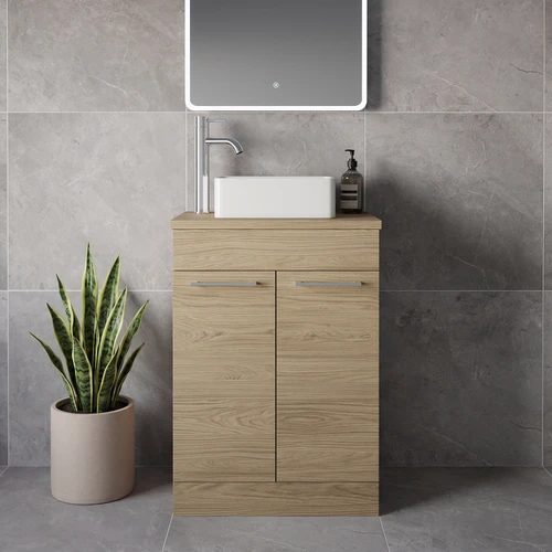 Napoli 390 Light Oak 600mm 2 Door Vanity Unit for Countertop Basins Lifestyle Image