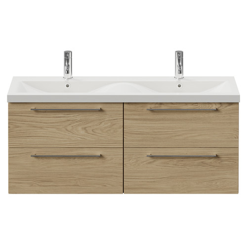 Napoli 390 Light Oak 1200mm Wall Mounted 4 Drawer Vanity Unit with Double Glide Basins Front View
