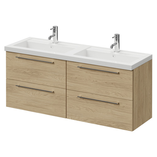 Napoli 390 Light Oak 1200mm Wall Mounted 4 Drawer Vanity Unit with Double Lucia Basins Right Hand View