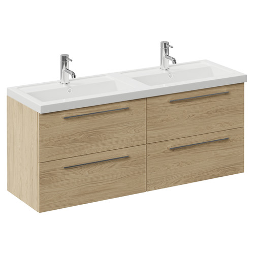 Napoli 390 Light Oak 1200mm Wall Mounted 4 Drawer Vanity Unit with Double Lucia Basins Left Hand View