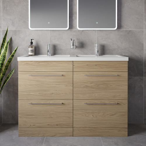 Napoli 390 Light Oak 1200mm 4 Drawer Vanity Unit with Double Lucia Basins Lifestyle Image