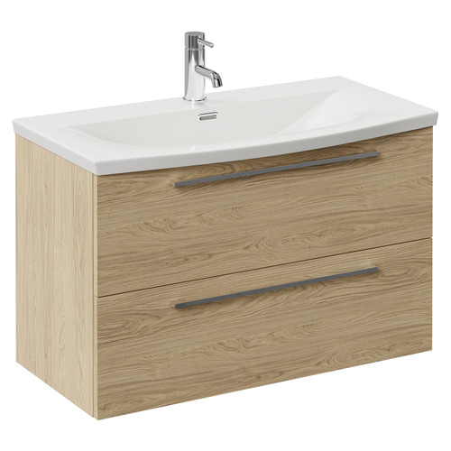 Napoli 390 Light Oak 800mm Wall Mounted 2 Drawer Vanity Unit with Arc Basin Left Hand View