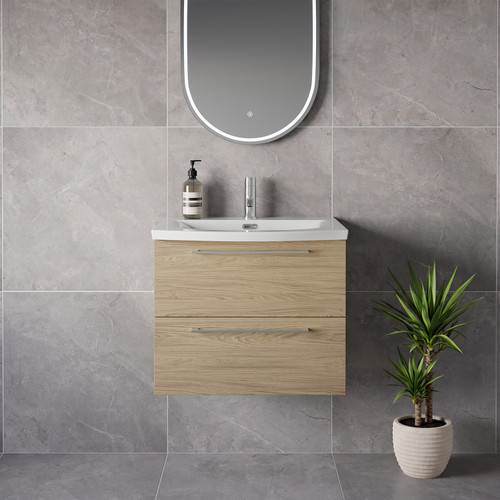 Napoli 390 Light Oak 600mm Wall Mounted 2 Drawer Vanity Unit with Arc Basin Lifestyle Image