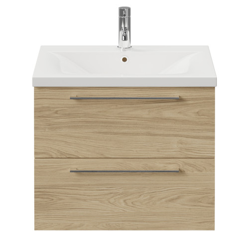 Napoli 460 Light Oak 600mm Wall Mounted 2 Drawer Vanity Unit with Glide Basin Front View