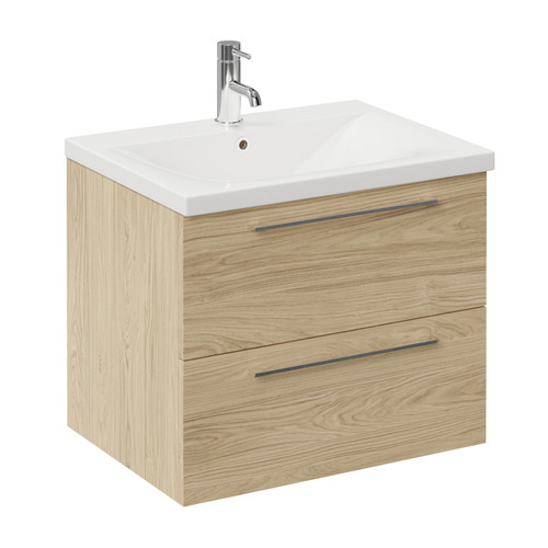 Napoli 460 Light Oak 600mm Wall Mounted 2 Drawer Vanity Unit with Glide Basin Left Hand View