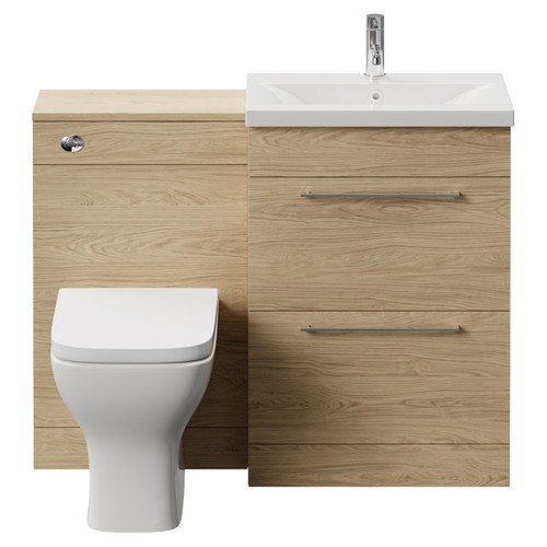Napoli 390 Light Oak 1100mm 2 Drawer Vanity Unit Toilet Suite with Glide Basin Front View