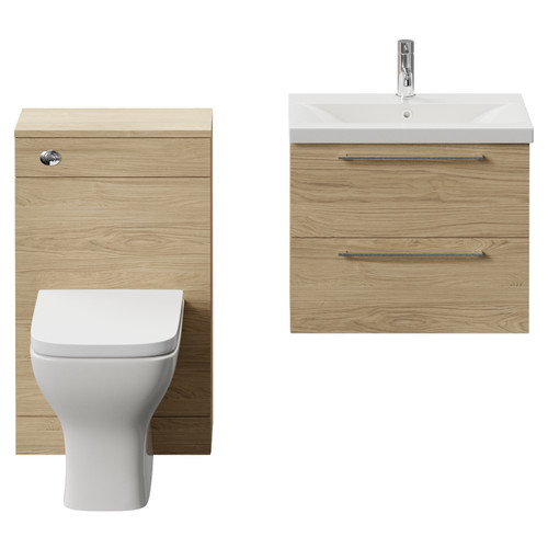 Napoli 390 Light Oak 1100mm Wall Mounted 2 Drawer Vanity Unit and Toilet Suite with Glide Basin Front View