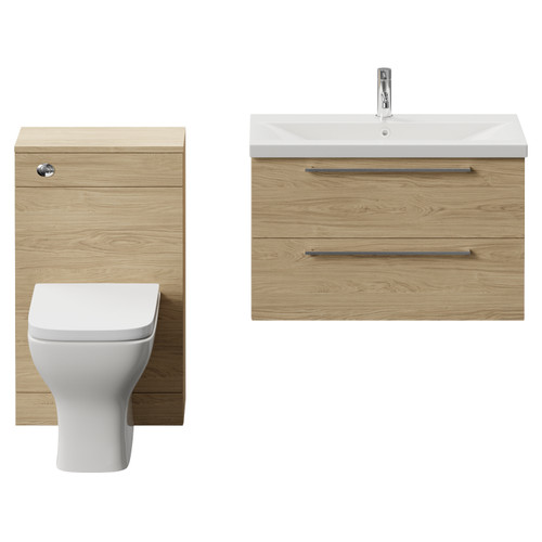 Napoli 390 Light Oak 1300mm Wall Mounted 2 Drawer Vanity Unit and Toilet Suite with Glide Basin Front View
