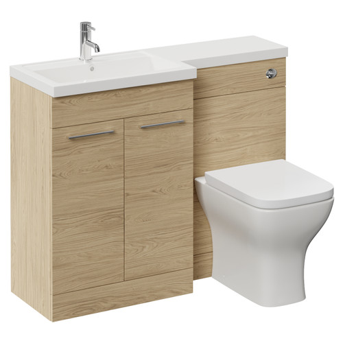 Napoli 390 Light Oak 1100mm 2 Door Vanity Unit Toilet Suite with Square Left Hand Lucia Basin Left Hand View