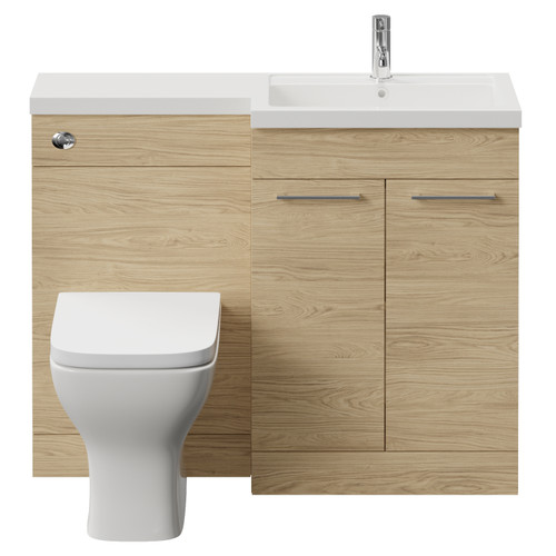 Napoli 390 Light Oak 1100mm 2 Door Vanity Unit Toilet Suite with Square Right Hand Lucia Basin Front View