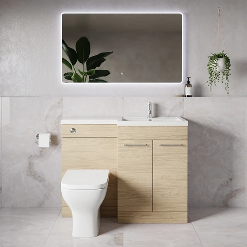 Napoli 390 Light Oak 1100mm 2 Door Vanity Unit Toilet Suite with Square Right Hand Lucia Basin Lifestyle Image