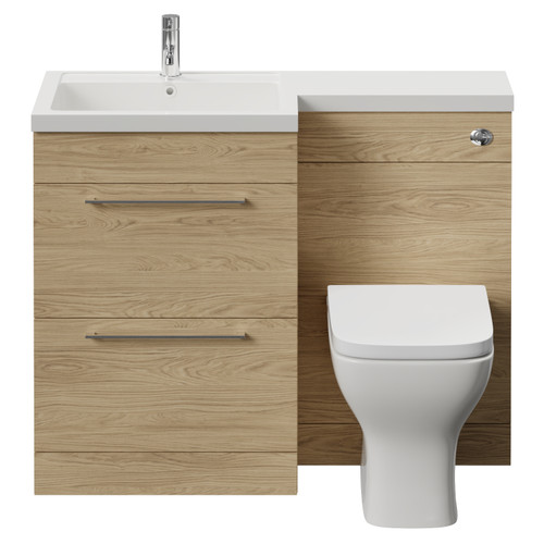 Napoli 460 Light Oak 1100mm 2 Drawer Vanity Unit Toilet Suite with Left Hand Square Lucia Basin Front View