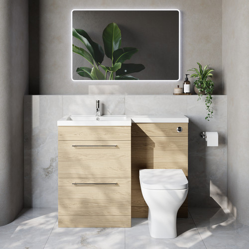 Napoli 460 Light Oak 1100mm 2 Drawer Vanity Unit Toilet Suite with Left Hand Square Lucia Basin Lifestyle Image