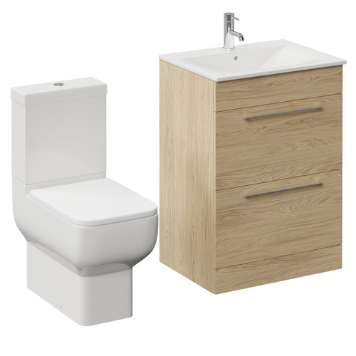 Napoli 460 Light Oak 600mm 2 Drawer Vanity Unit and Tacoma Comfort Height Toilet Suite with Angel Basin Left Hand View
