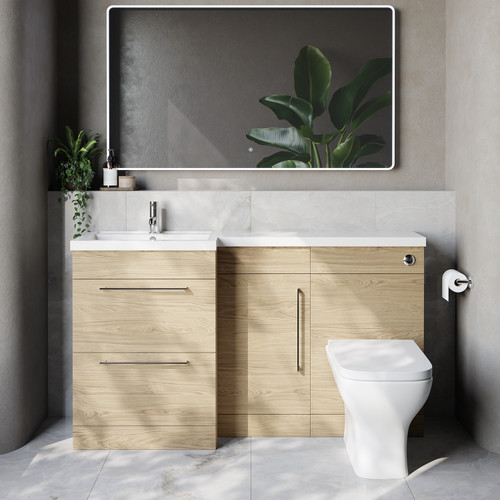 Napoli 390 Light Oak 1500mm 2 Drawer Vanity Unit Toilet Suite with Left Hand Square Lucia Basin Lifestyle Image