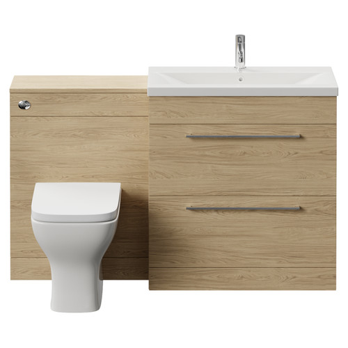 Napoli 390 Cento Light Oak 1400mm 2 Drawer Vanity Unit Toilet Suite with Glide Basin Front View
