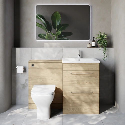 Napoli 460 Cento Light Oak 1200mm 2 Drawer Vanity Unit Toilet Suite with Glide Basin Lifestyle Image