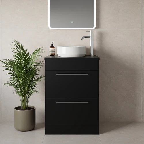 Napoli 390 Matt Black 600mm 2 Drawer Vanity Unit for Countertop Basins Lifestyle Image