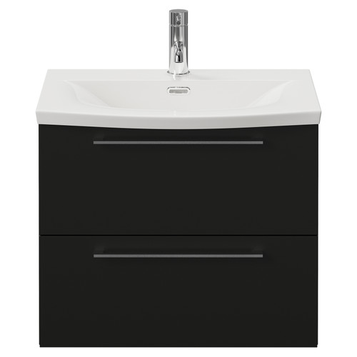 Napoli 390 Matt Black 600mm Wall Mounted 2 Drawer Vanity Unit with Arc Basin Front View