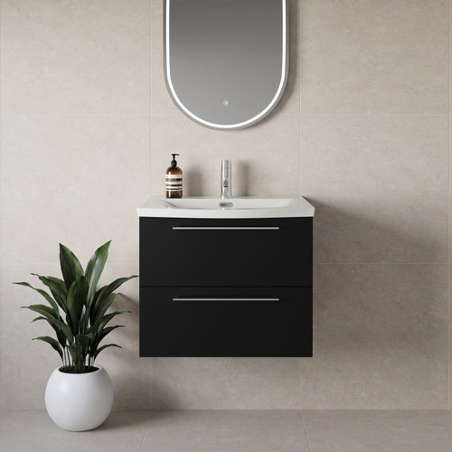 Napoli 390 Matt Black 600mm Wall Mounted 2 Drawer Vanity Unit with Arc Basin Lifestyle Image