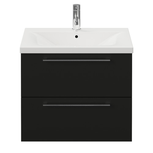 Napoli 460 Matt Black 600mm Wall Mounted 2 Drawer Vanity Unit with Glide Basin Front View