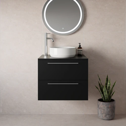 Napoli 460 Matt Black 600mm Wall Mounted 2 Drawer Vanity Unit for Countertop Basins Lifestyle Image