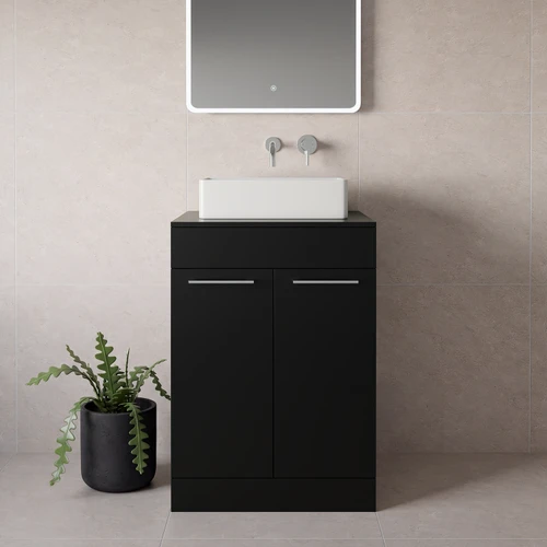 Napoli 460 Matt Black 600mm 2 Door Vanity Unit for Countertop Basins Lifestyle Image