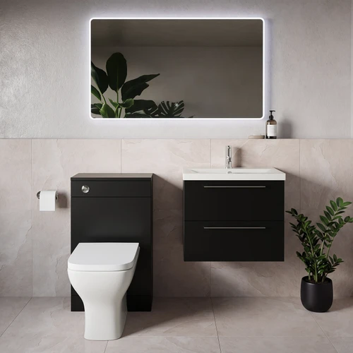 Napoli 390 Matt Black 1100mm Wall Mounted 2 Drawer Vanity Unit and Toilet Suite with Glide Basin Lifestyle Image