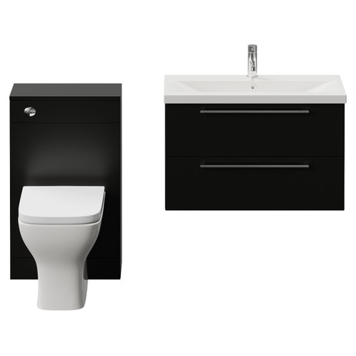 Napoli 390 Matt Black 1300mm Wall Mounted 2 Drawer Vanity Unit and Toilet Suite with Glide Basin Front View
