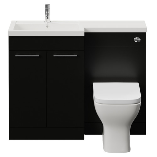 Napoli 390 Matt Black 1100mm 2 Door Vanity Unit Toilet Suite with Square Left Hand Lucia Basin Front View