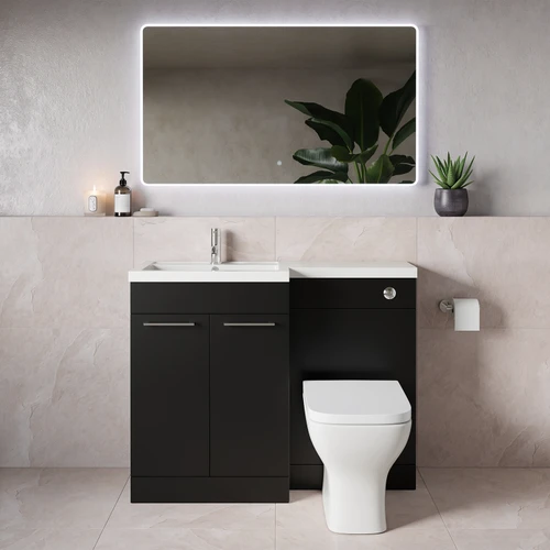 Napoli 390 Matt Black 1100mm 2 Door Vanity Unit Toilet Suite with Square Left Hand Lucia Basin Lifestyle Image