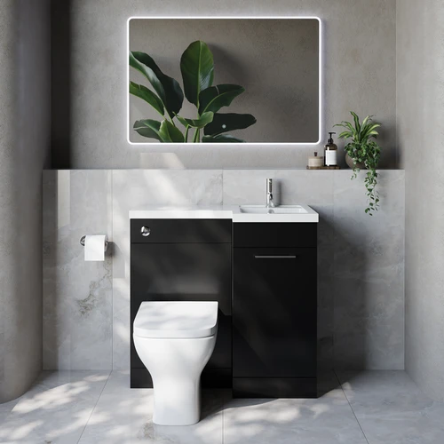 Napoli 390 Matt Black 900mm Single Door Vanity Unit Toilet Suite with Right Hand Square Lucia Basin Lifestyle Image