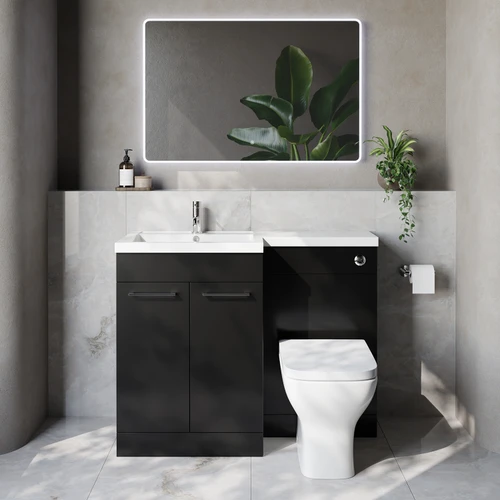 Napoli 460 Matt Black 1100mm 2 Door Vanity Unit Toilet Suite with Left Hand Square Lucia Basin Lifestyle Image