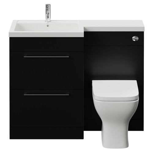 Napoli 460 Matt Black 1100mm 2 Drawer Vanity Unit Toilet Suite with Left Hand Square Lucia Basin Front View