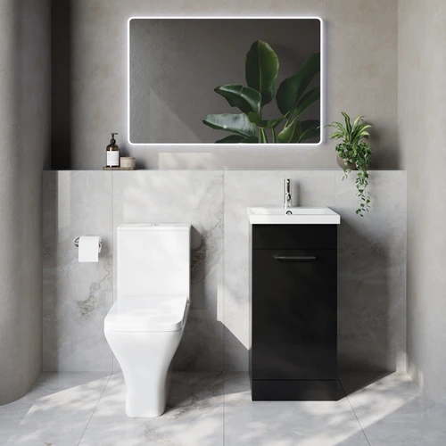 Napoli 390 Matt Black 400mm Single Door Vanity Unit and Kingston Toilet Suite with Glide Basin Lifestyle Image
